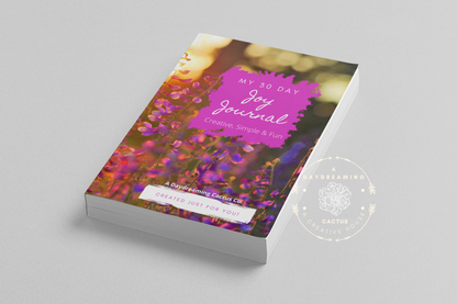 Mockup of A Daydreaming Cactus journal creation. This is the 30 Day Joy Journal with a lavender flowers cover.
