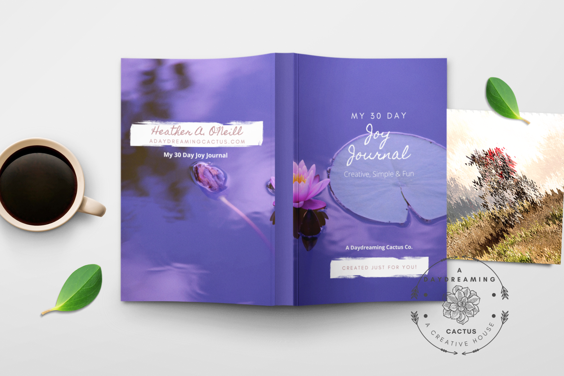 Mockup of A Daydreaming Cactus journal creation. This is the 30 Day Joy Journal with a lily pad cover with a cup of coffee.