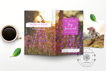 Mockup of A Daydreaming Cactus journal creation. This is the 30 Day Joy Journal with a lavender flowers cover with a cup of coffee.  