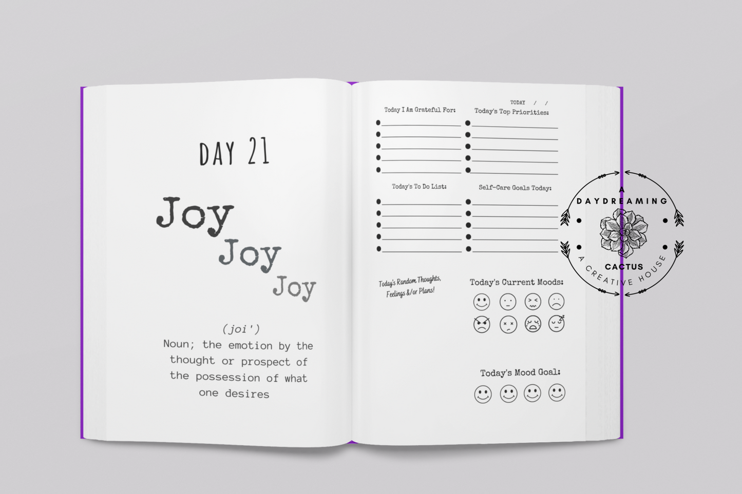 Mockup of A Daydreaming Cactus journal creation. This is the 30 Day Joy Journal with interior pages. 