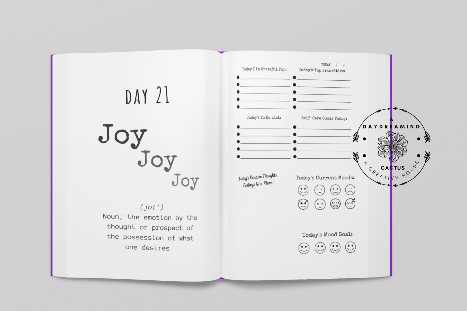 Mockup of A Daydreaming Cactus journal creation. This is the 30 Day Joy Journal with interior pages. 