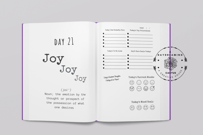 Mockup of A Daydreaming Cactus journal creation. This is the 30 Day Joy Journal with interior pages. 