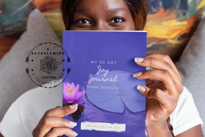 Mockup of A Daydreaming Cactus journal creation. This is the 30 Day Joy Journal with a lily pad cover.