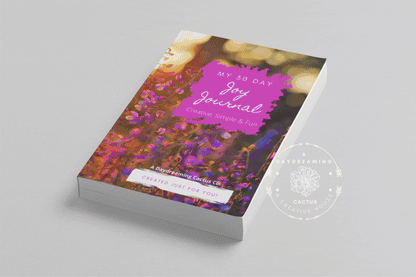 Mockup of A Daydreaming Cactus journal creation. This is the 30 Day Joy Journal with a lavender flowers cover.  